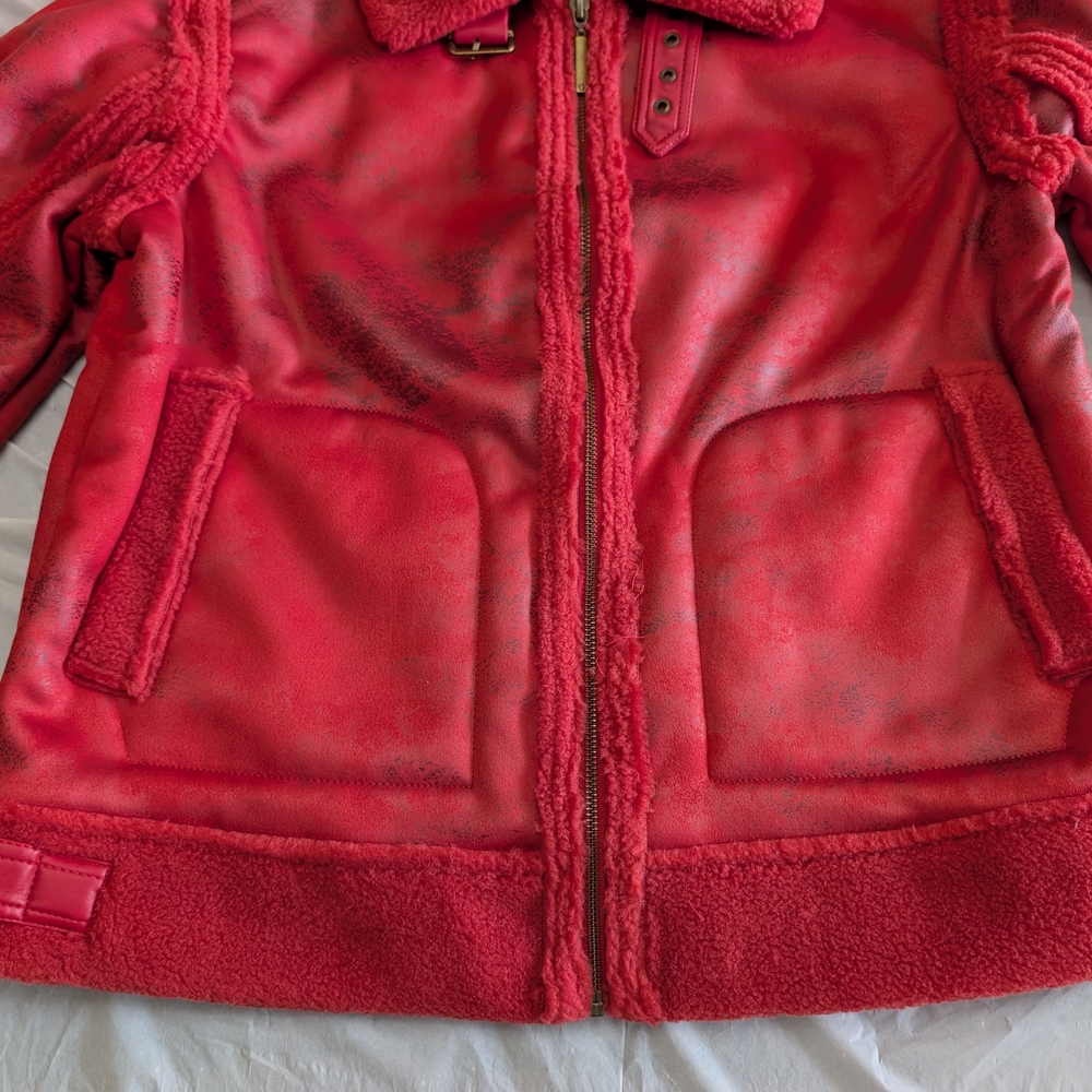 G by Giuliana Black Label Faux Suede and Shearling Zip-Front Coat Scarlet Red M - Picture 3 of 16